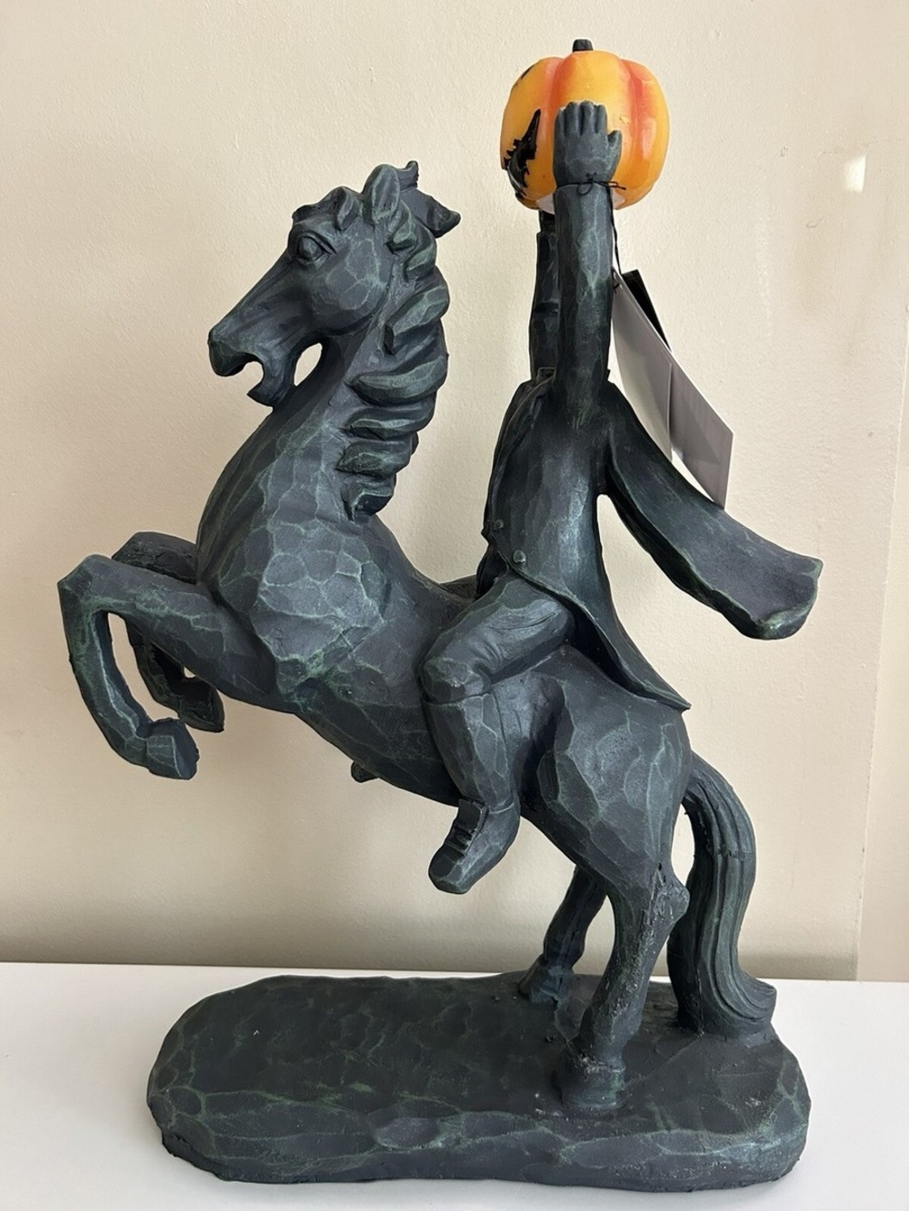 Black and Orange Headless Rider Horse Sculpture, pumpkin lights up